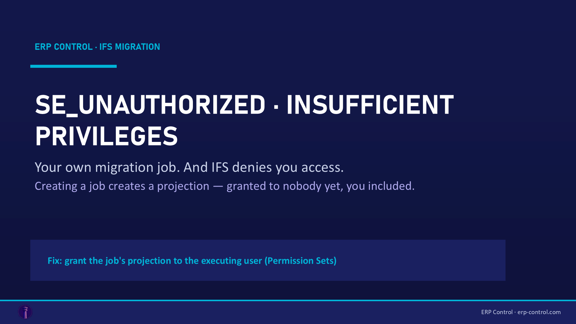 SE_UNAUTHORIZED in IFS Cloud data migration: "insufficient privileges" — the job's auto-created projection not granted, and the fix — ERP Control